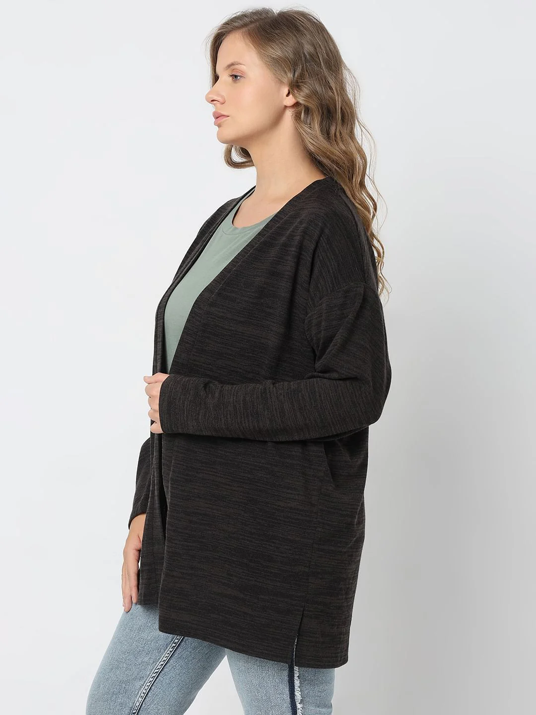 Curve Black Melange Front Open Cardigan - Image 3