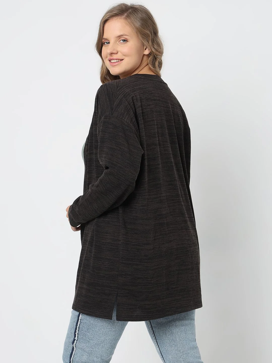 Curve Black Melange Front Open Cardigan - Image 4