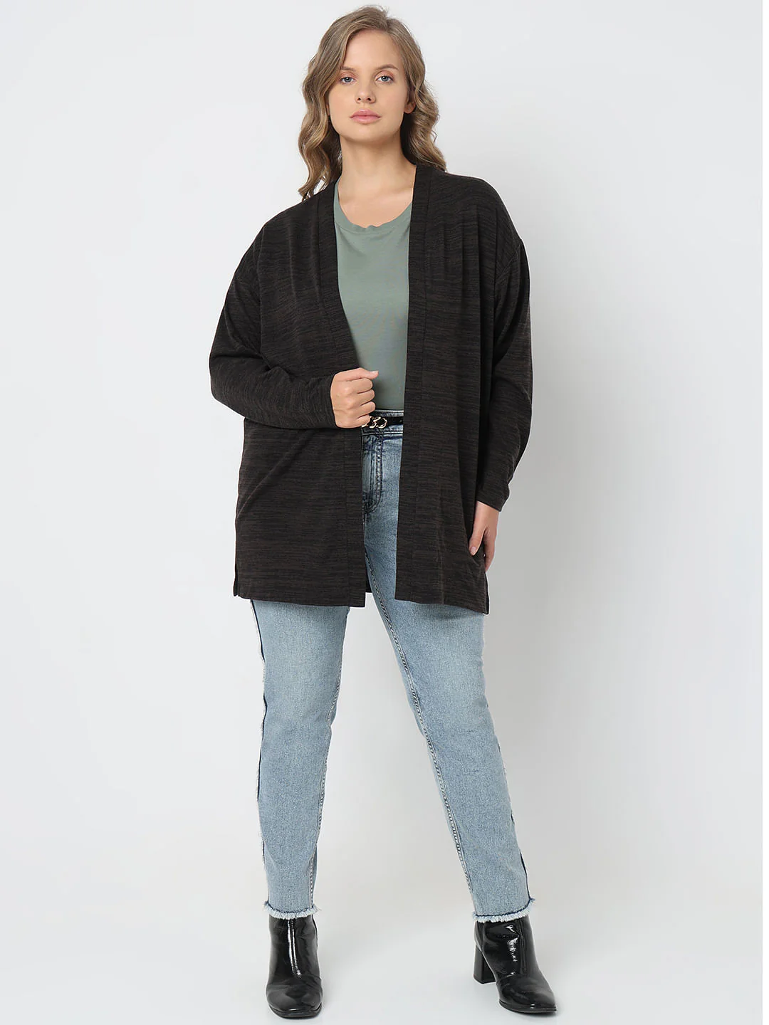 Curve Black Melange Front Open Cardigan - Image 5