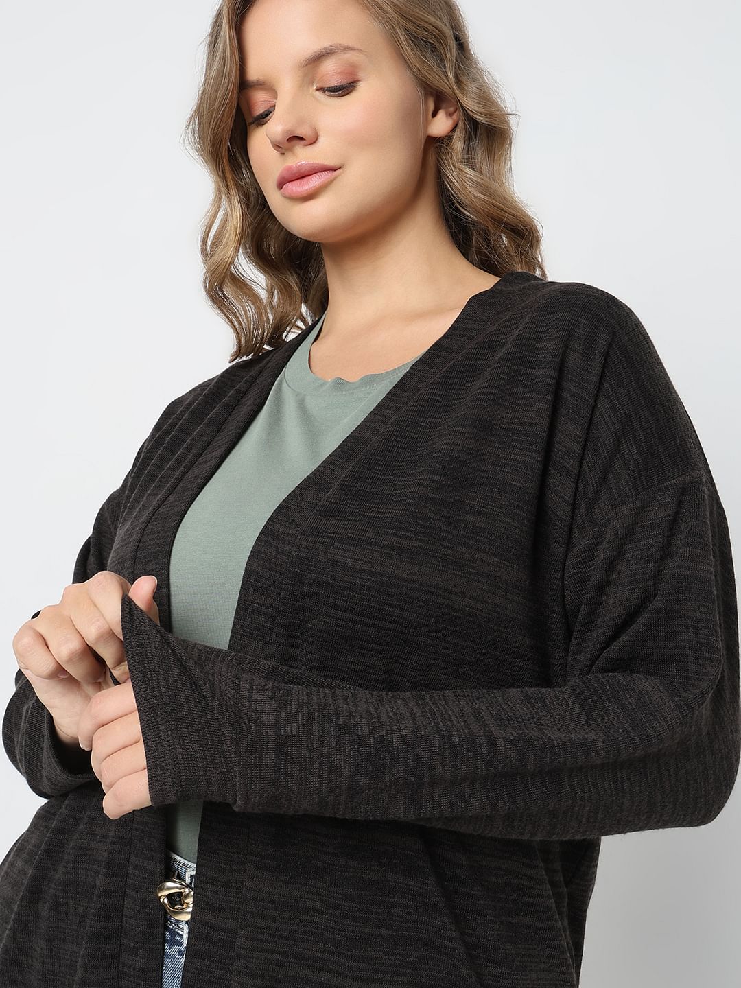Curve Black Melange Front Open Cardigan - Image 6