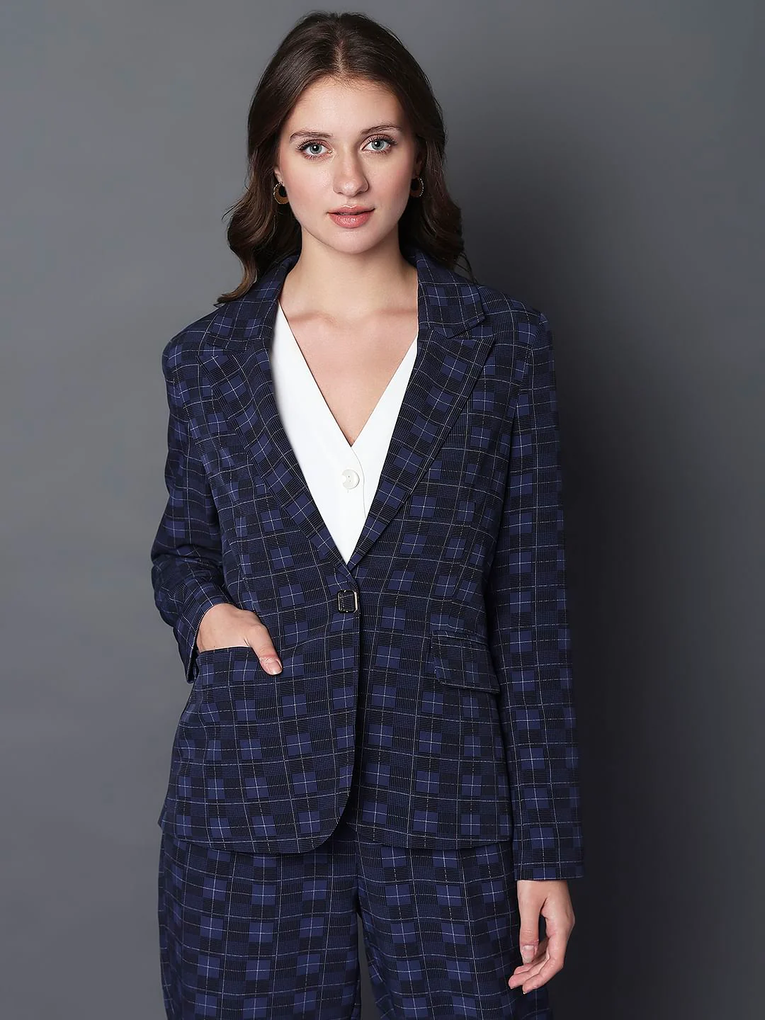 Navy Blue Check Print Blazer - Image 2