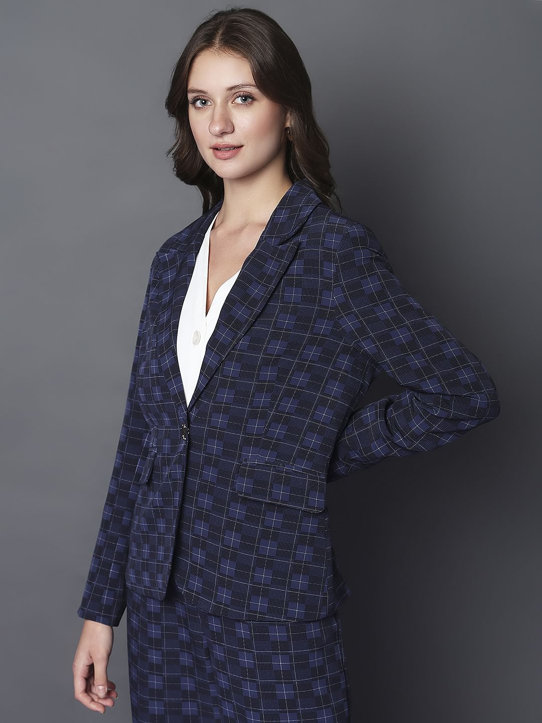 Navy Blue Check Print Blazer - Image 3