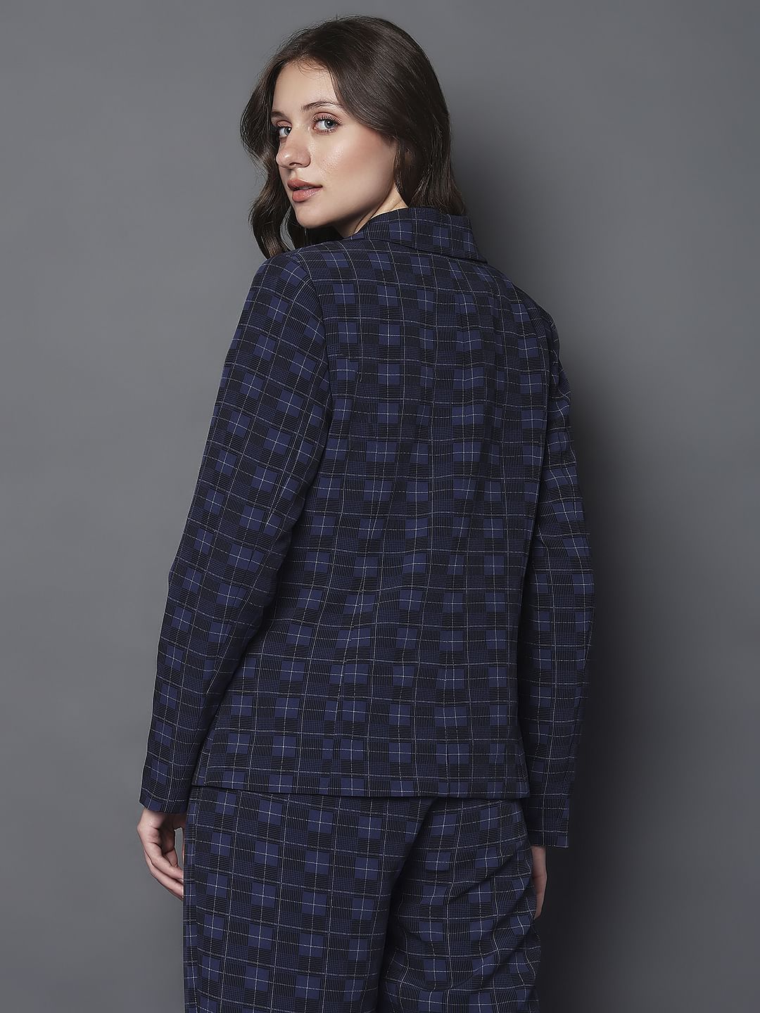 Navy Blue Check Print Blazer - Image 4