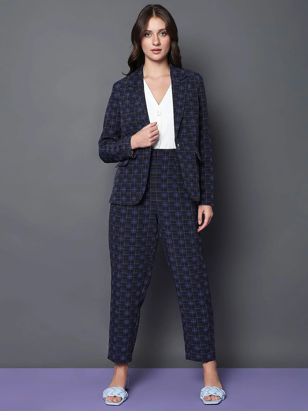 Navy Blue Check Print Blazer - Image 5