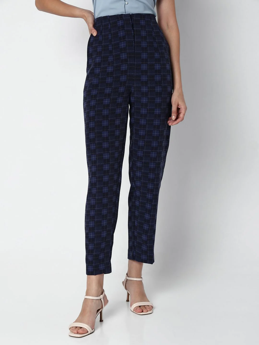 Navy Blue High Rise Check Pants - Image 2