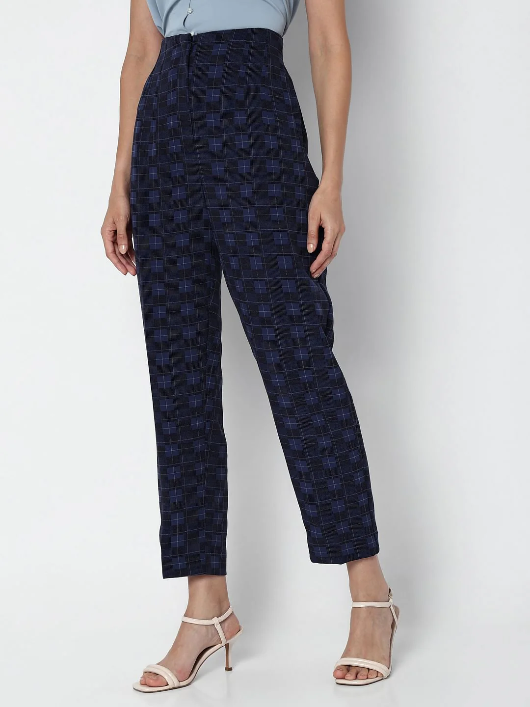 Navy Blue High Rise Check Pants - Image 3