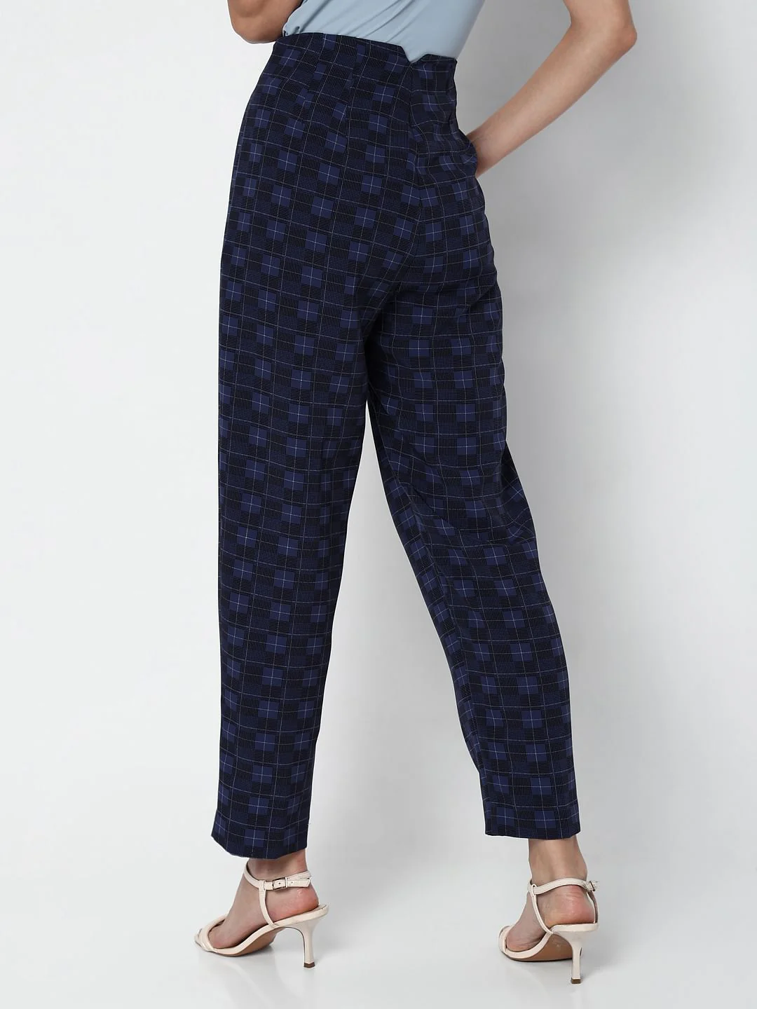 Navy Blue High Rise Check Pants - Image 4