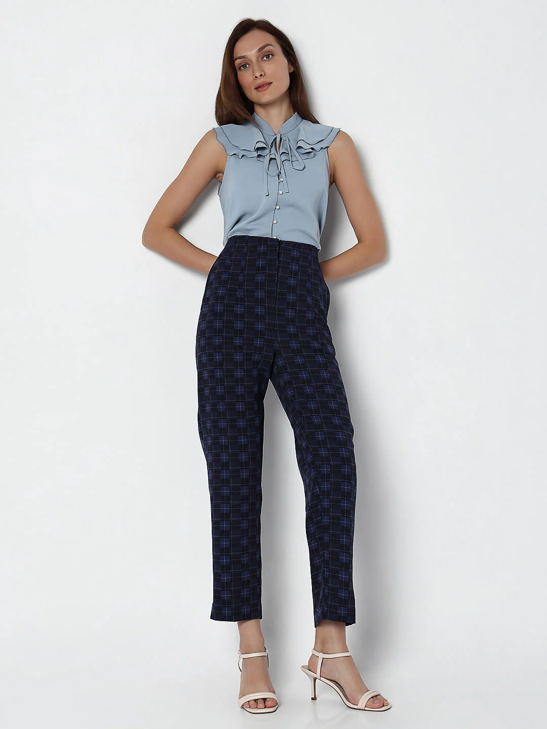 Navy Blue High Rise Check Pants - Image 5