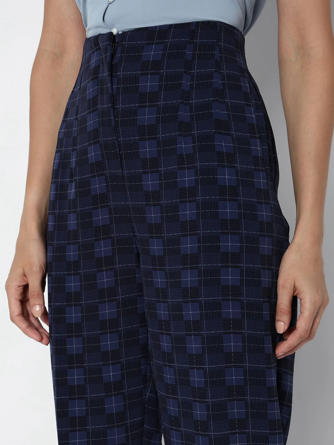 Navy Blue High Rise Check Pants - Image 8