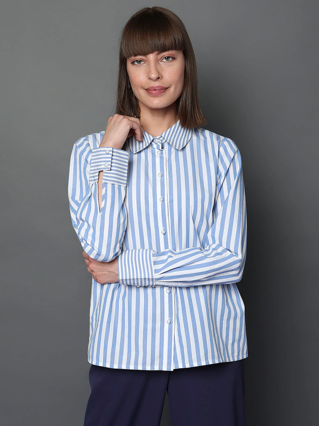 Blue Striped Full Sleeves Shirt - Image 2