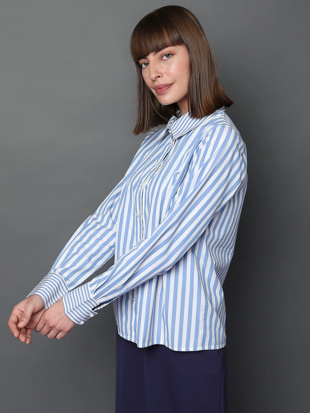 Blue Striped Full Sleeves Shirt - Image 3