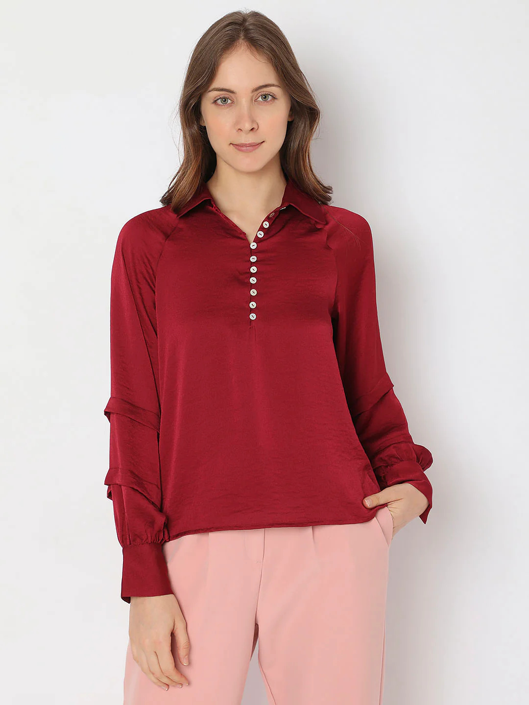 Maroon Pleated Sleeves Shirt - Image 2