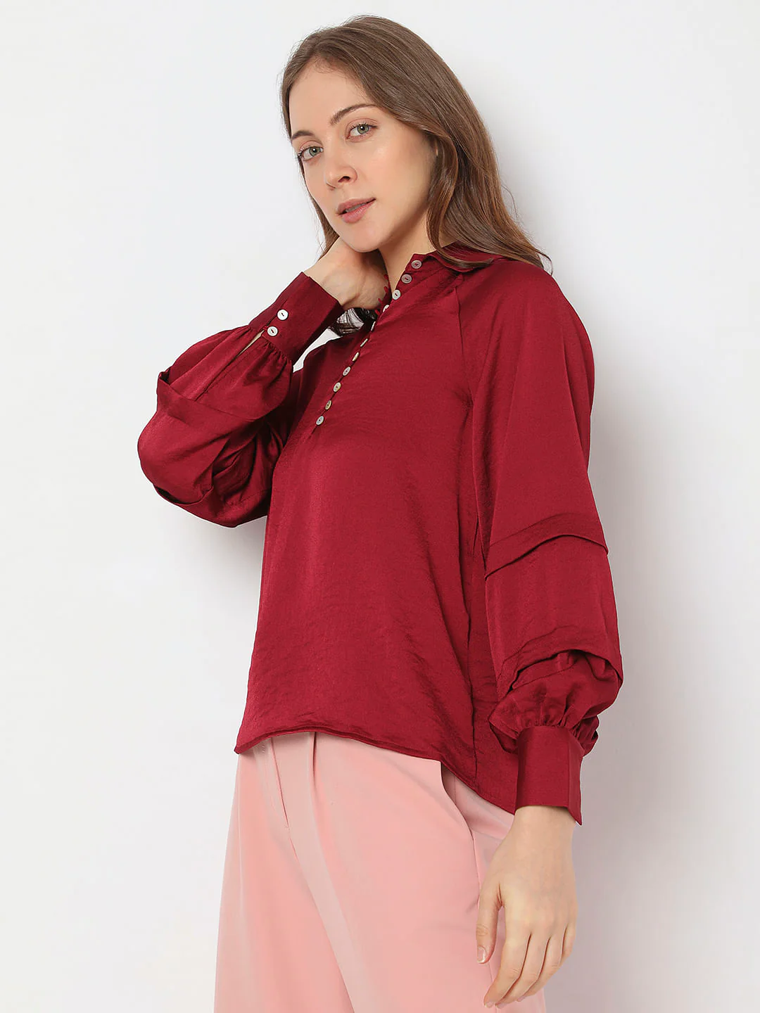 Maroon Pleated Sleeves Shirt - Image 3