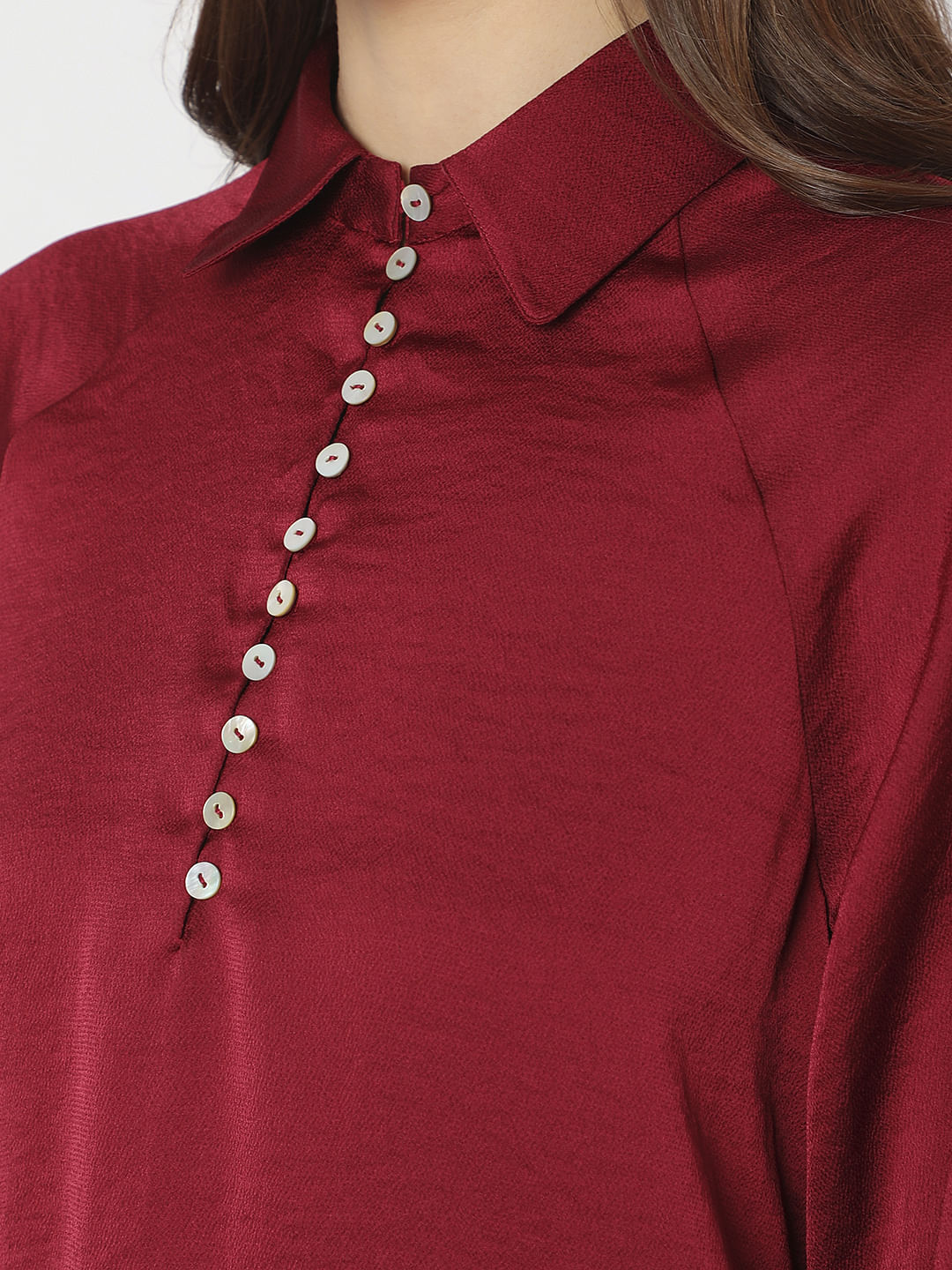 Maroon Pleated Sleeves Shirt - Image 8