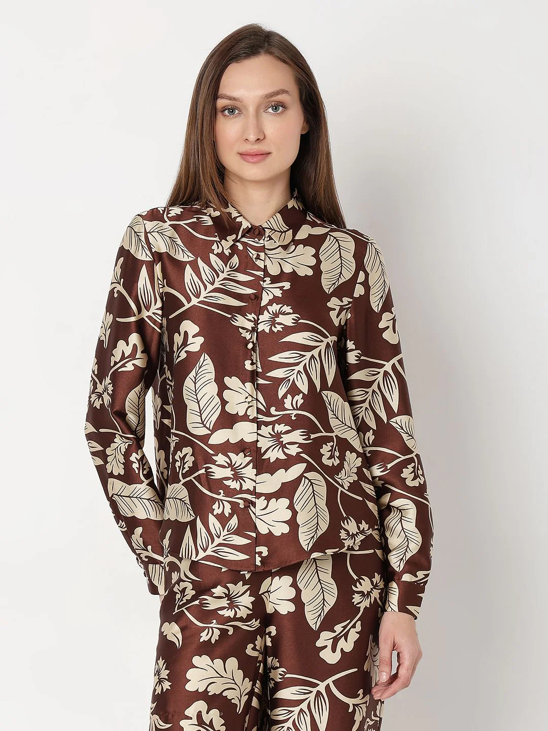 Brown Printed Satin Co-Ord Set Shirt - Image 2
