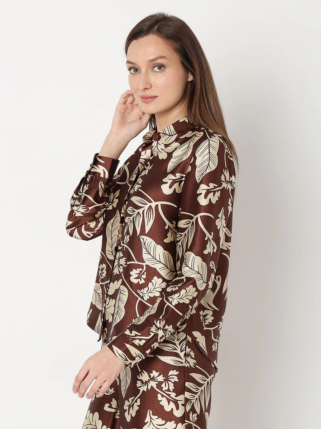 Brown Printed Satin Co-Ord Set Shirt - Image 3