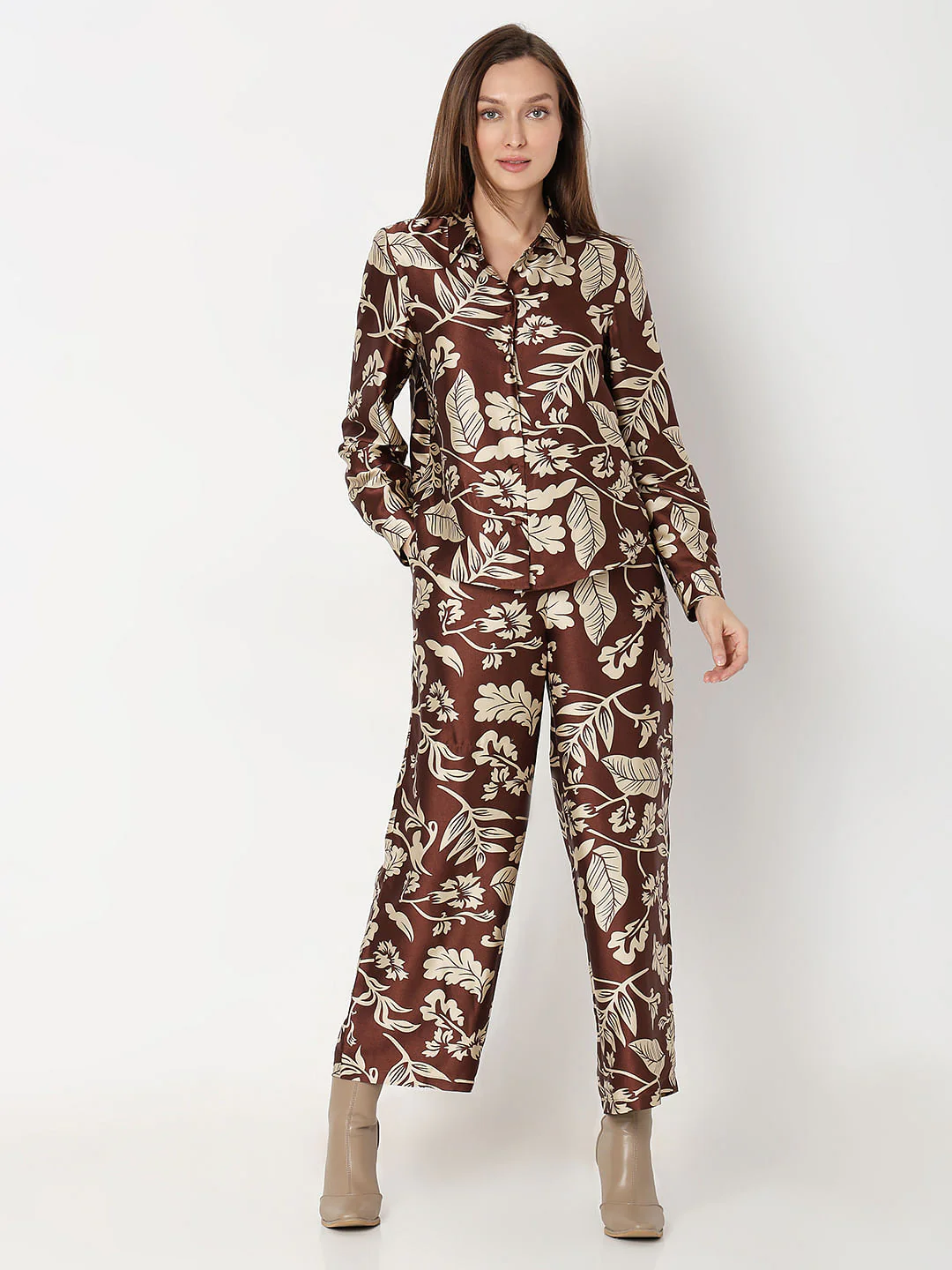 Brown Printed Satin Co-Ord Set Shirt - Image 5