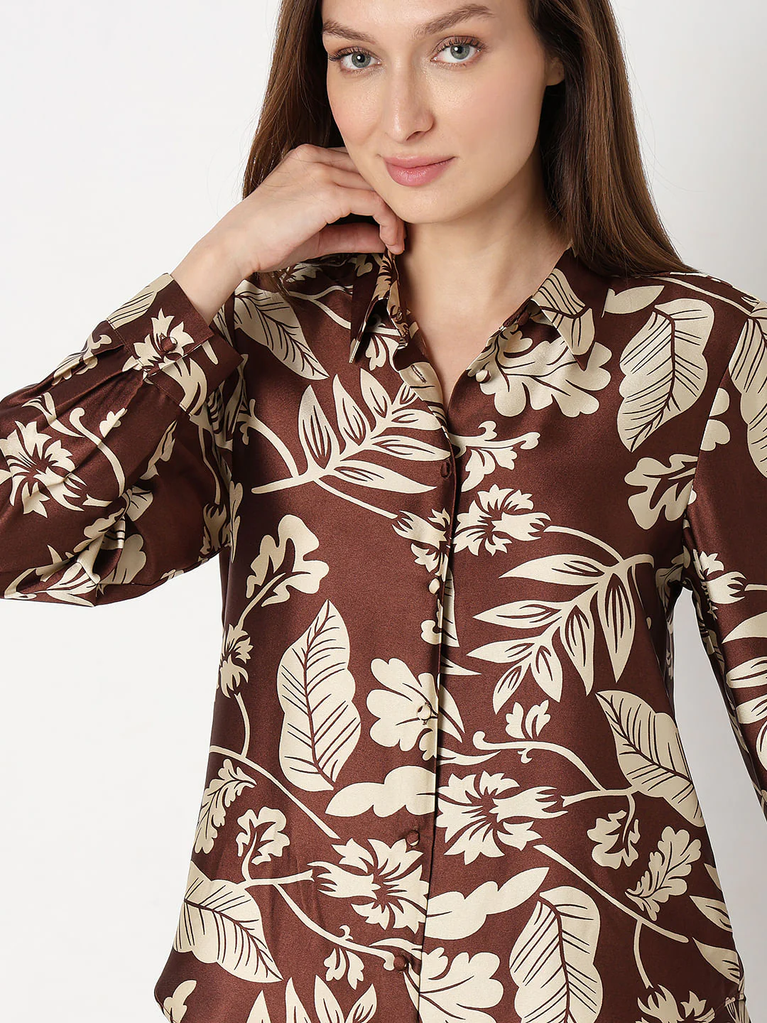 Brown Printed Satin Co-Ord Set Shirt - Image 6