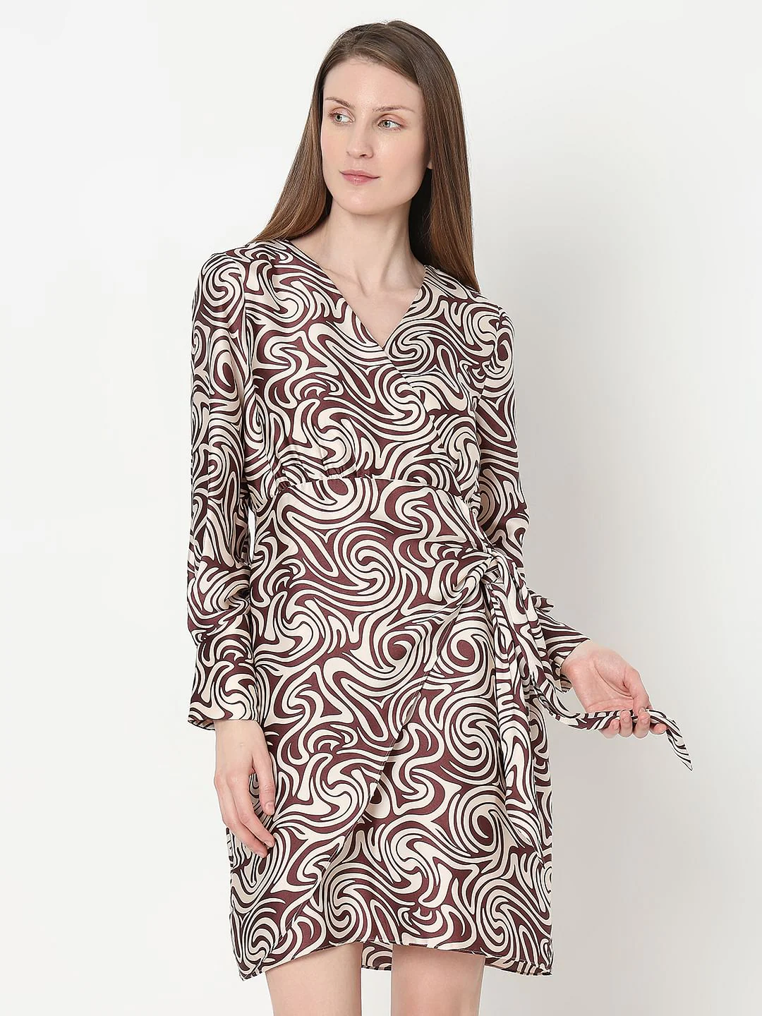 Brown Swirl Print Wrap Dress - Image 2