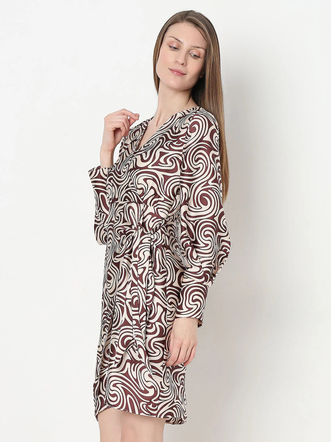Brown Swirl Print Wrap Dress - Image 3