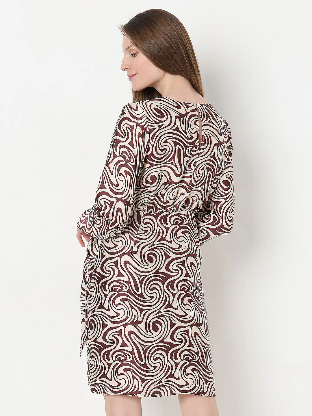 Brown Swirl Print Wrap Dress - Image 4