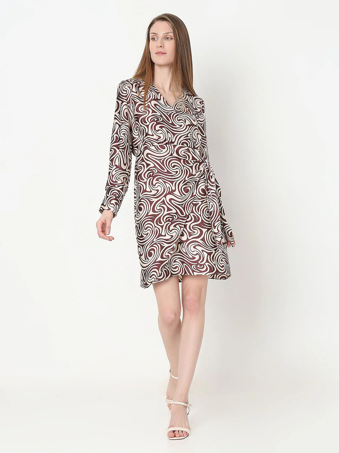 Brown Swirl Print Wrap Dress - Image 5