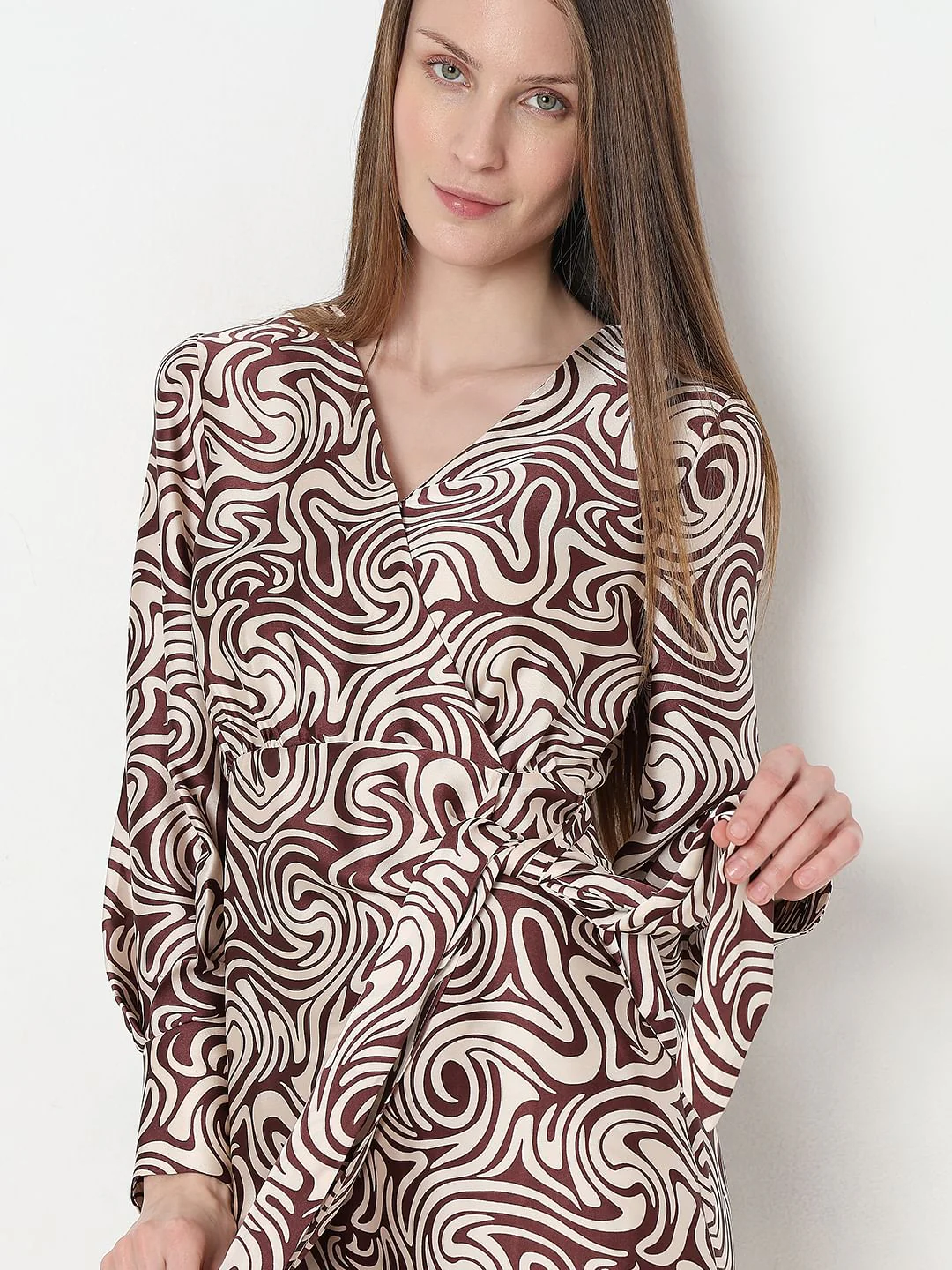 Brown Swirl Print Wrap Dress - Image 6