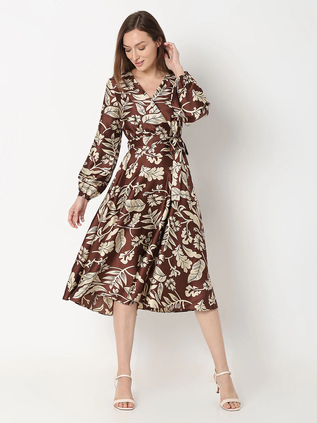 Brown Leaves Print Midi Dress - Image 2