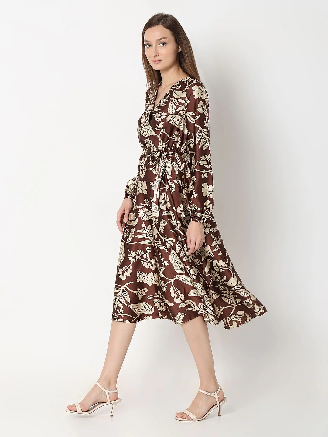 Brown Leaves Print Midi Dress - Image 3