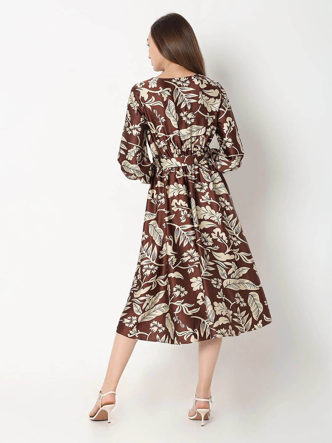 Brown Leaves Print Midi Dress - Image 4