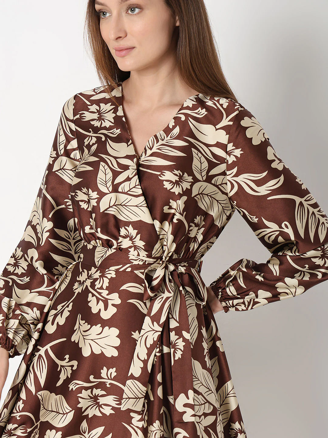 Brown Leaves Print Midi Dress - Image 5