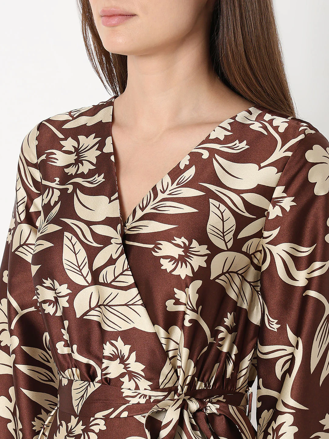 Brown Leaves Print Midi Dress - Image 6