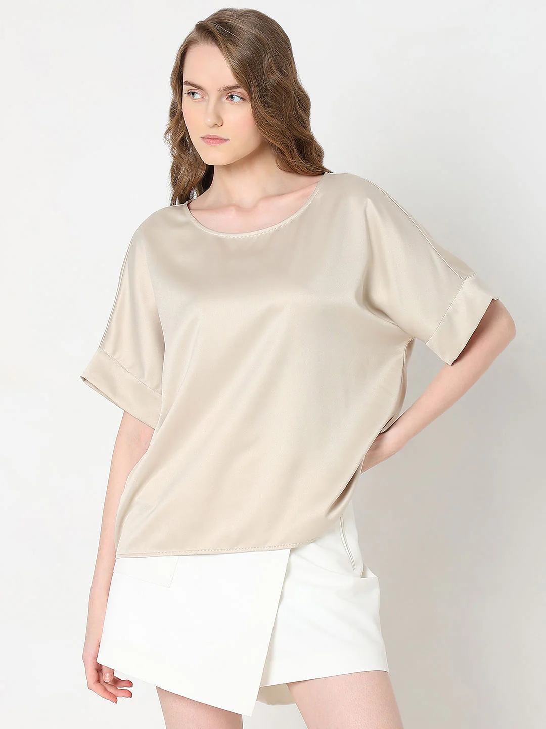 Beige Satin O-Neck Top - Image 2