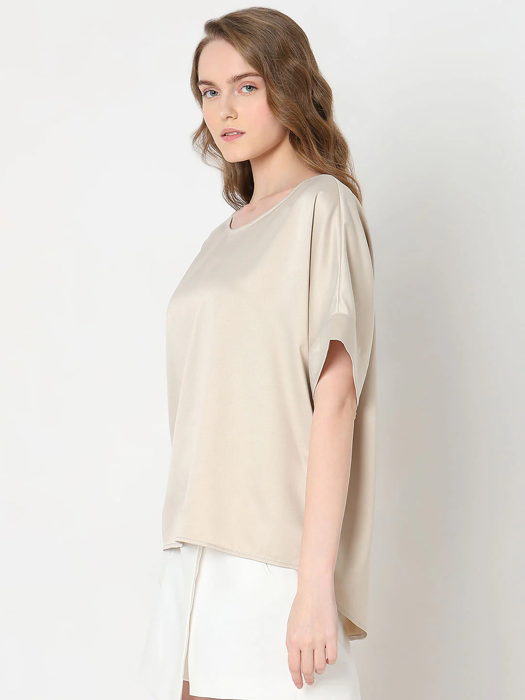 Beige Satin O-Neck Top - Image 3