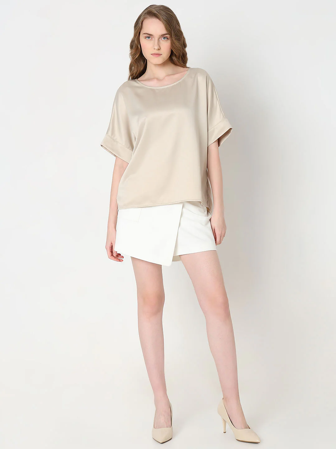 Beige Satin O-Neck Top - Image 5