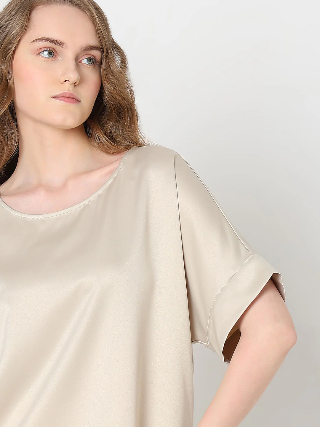 Beige Satin O-Neck Top - Image 6