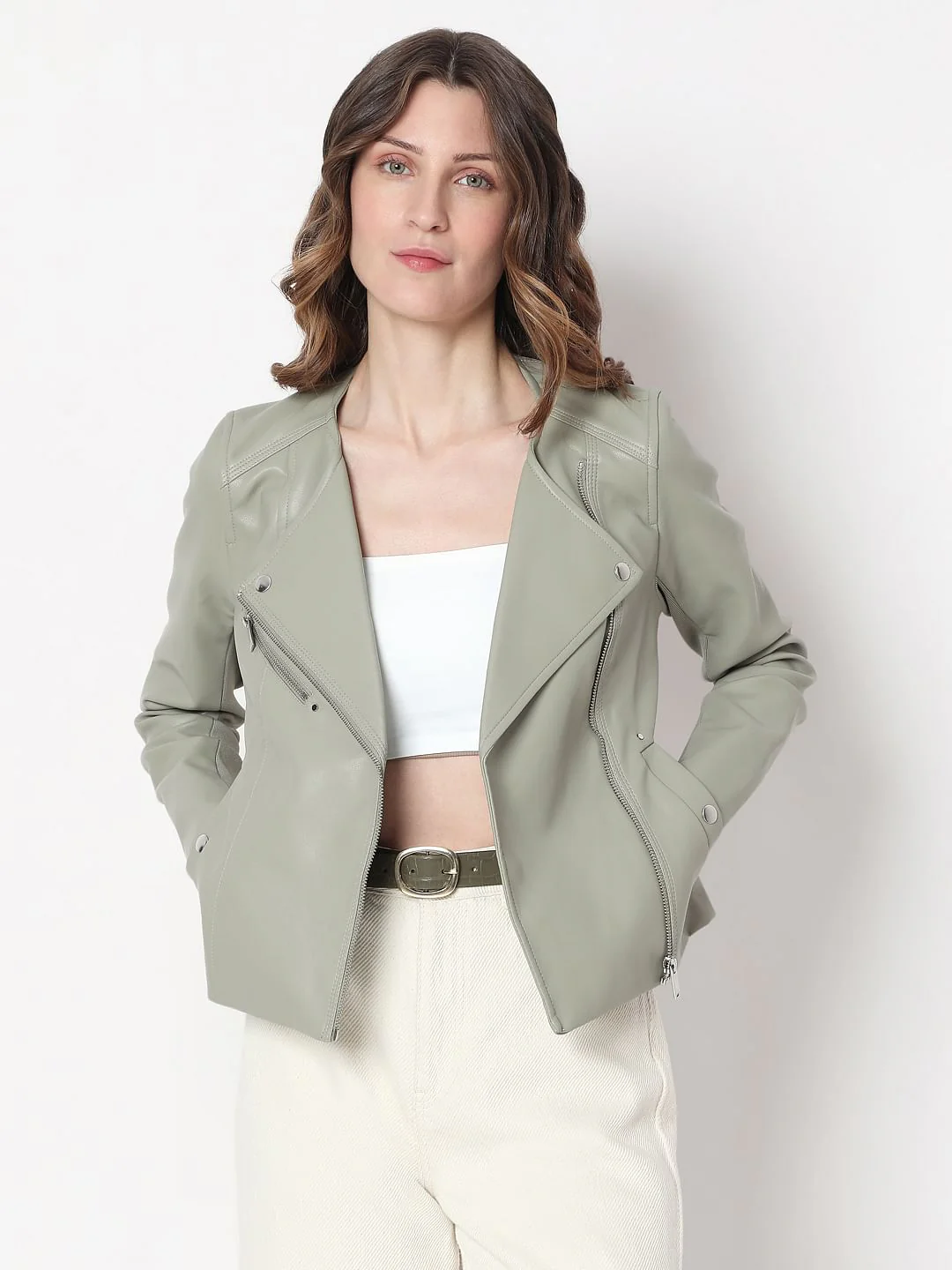Sage Green Pu Biker Jacket - Image 2