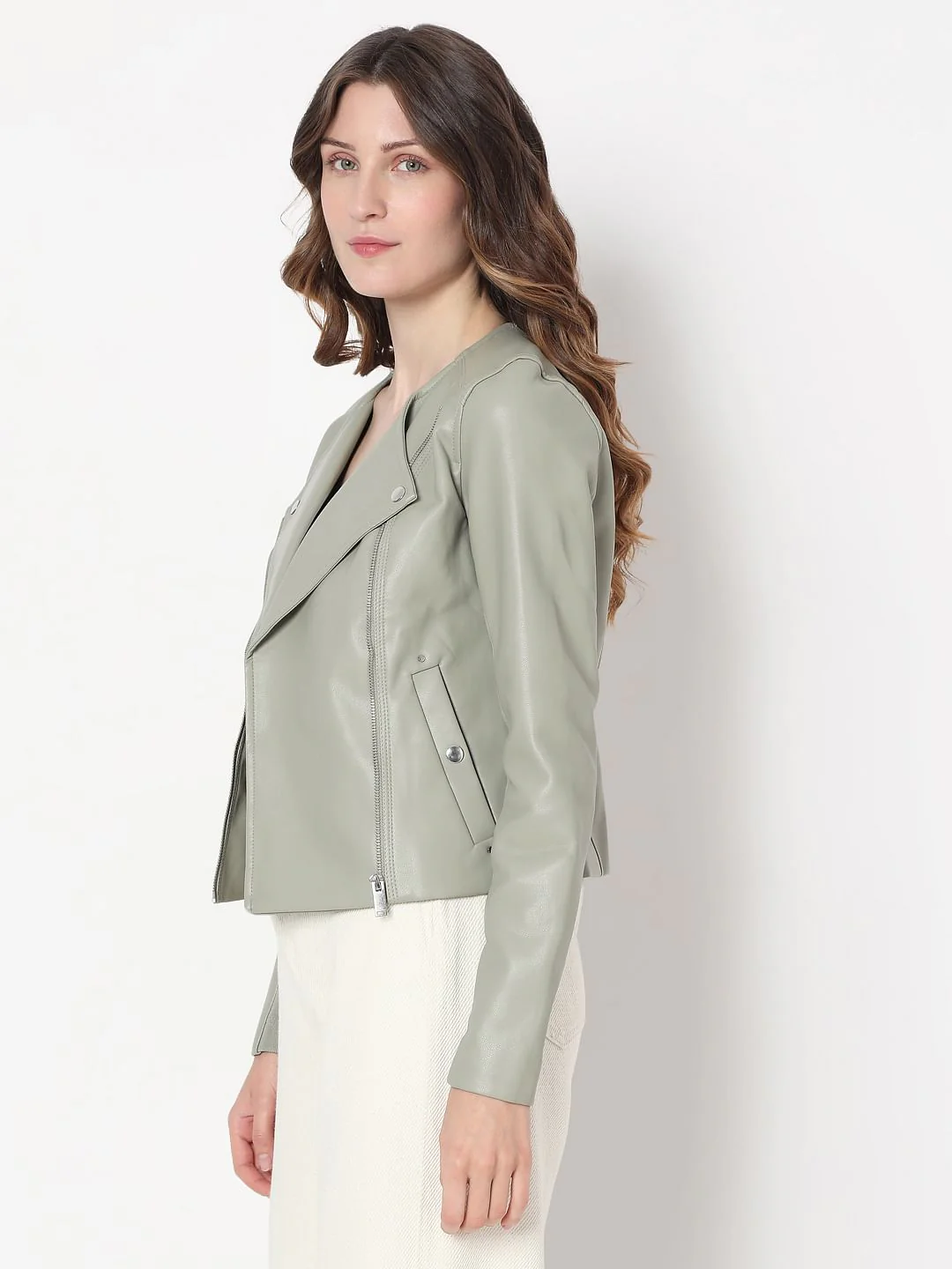 Sage Green Pu Biker Jacket - Image 3