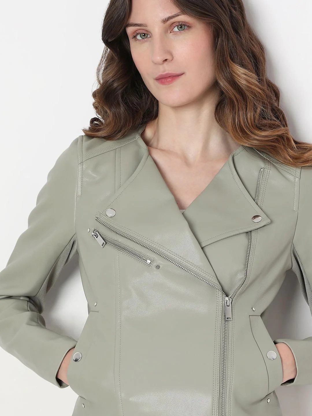 Sage Green Pu Biker Jacket - Image 6