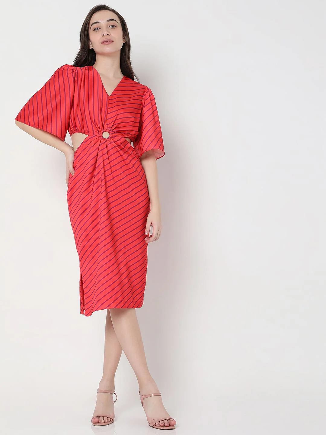 Marquee Pink Satin Striped Midi Dress - Image 2