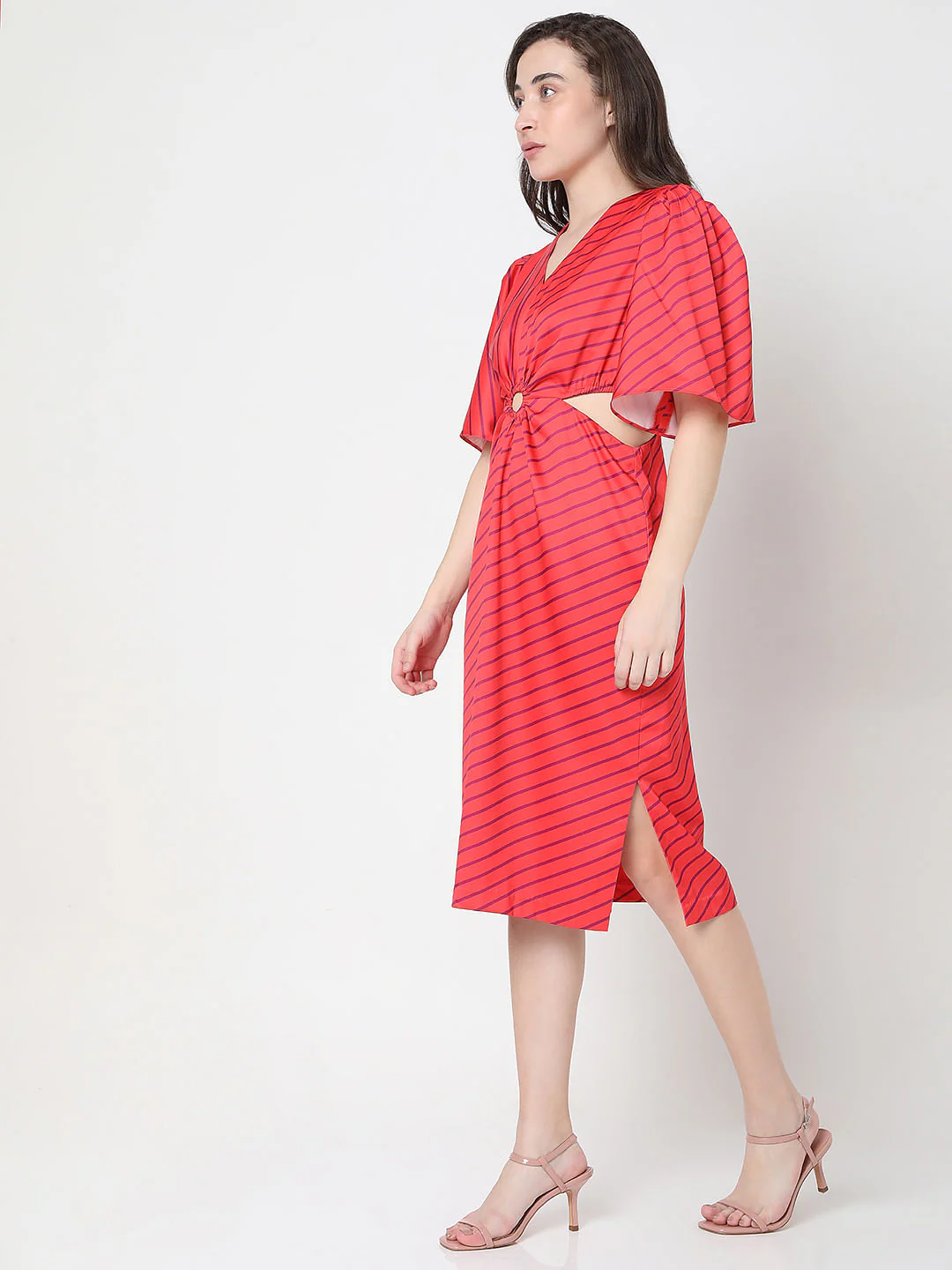 Marquee Pink Satin Striped Midi Dress - Image 3