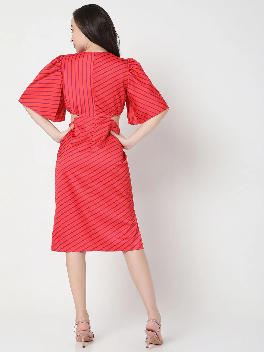 Marquee Pink Satin Striped Midi Dress - Image 4