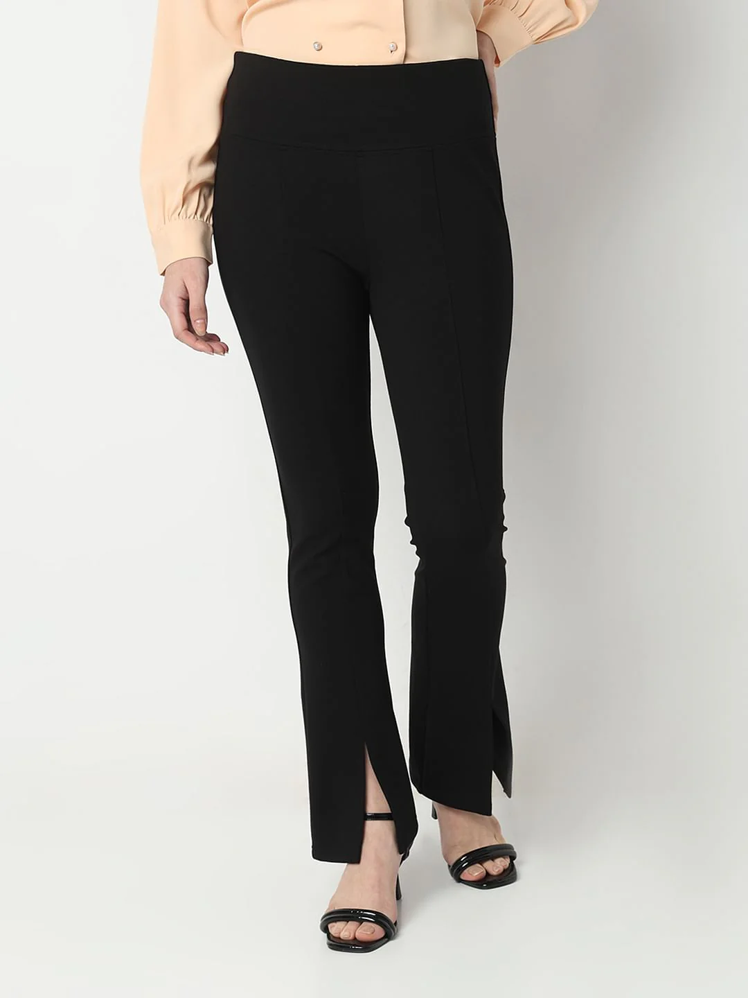 Black Front Slit Flared Leggings - Image 2