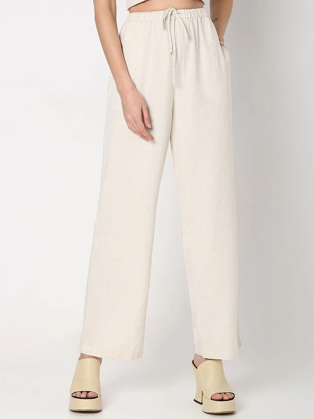 Beige High Rise Linen Co-Ord Set Pants - Image 2