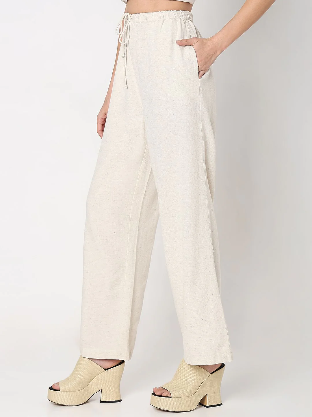 Beige High Rise Linen Co-Ord Set Pants - Image 3