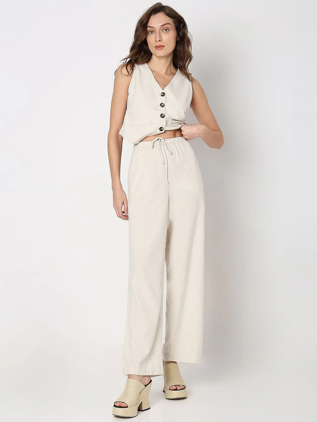 Beige High Rise Linen Co-Ord Set Pants - Image 5