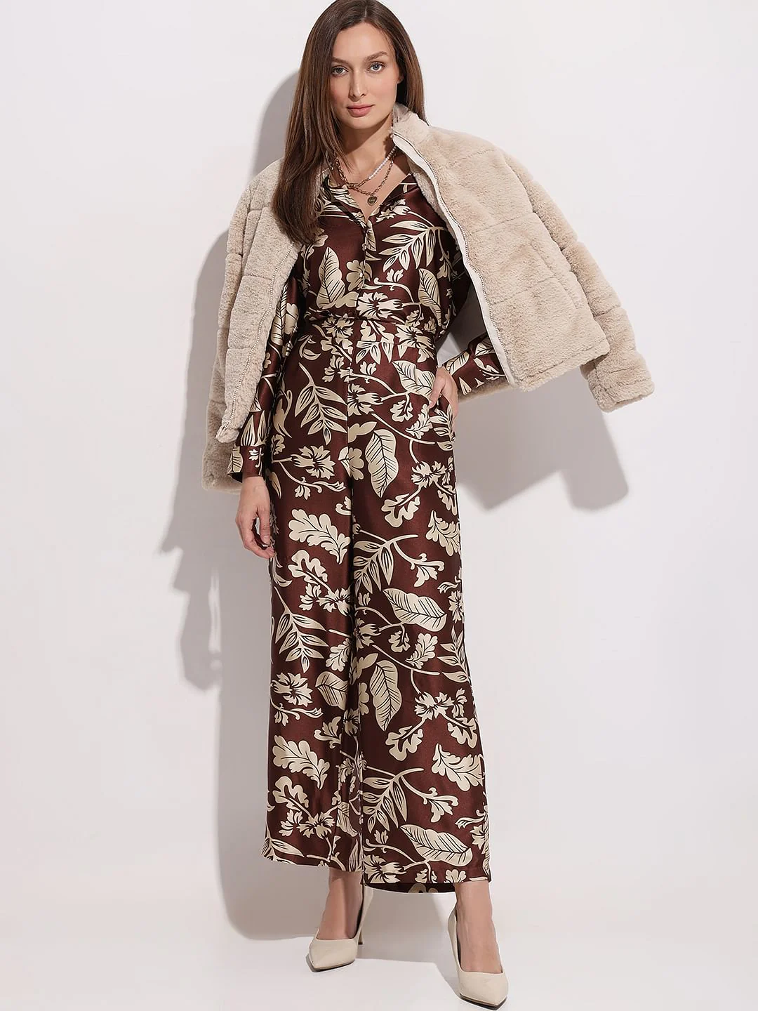 Brown Printed Satin Co-Ord Set Pants