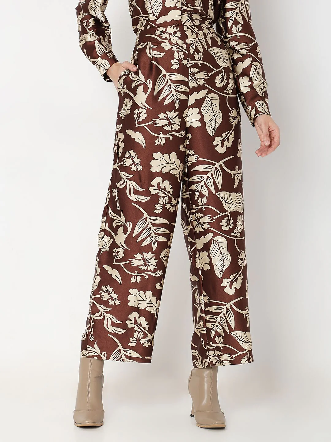 Brown Printed Satin Co-Ord Set Pants - Image 2
