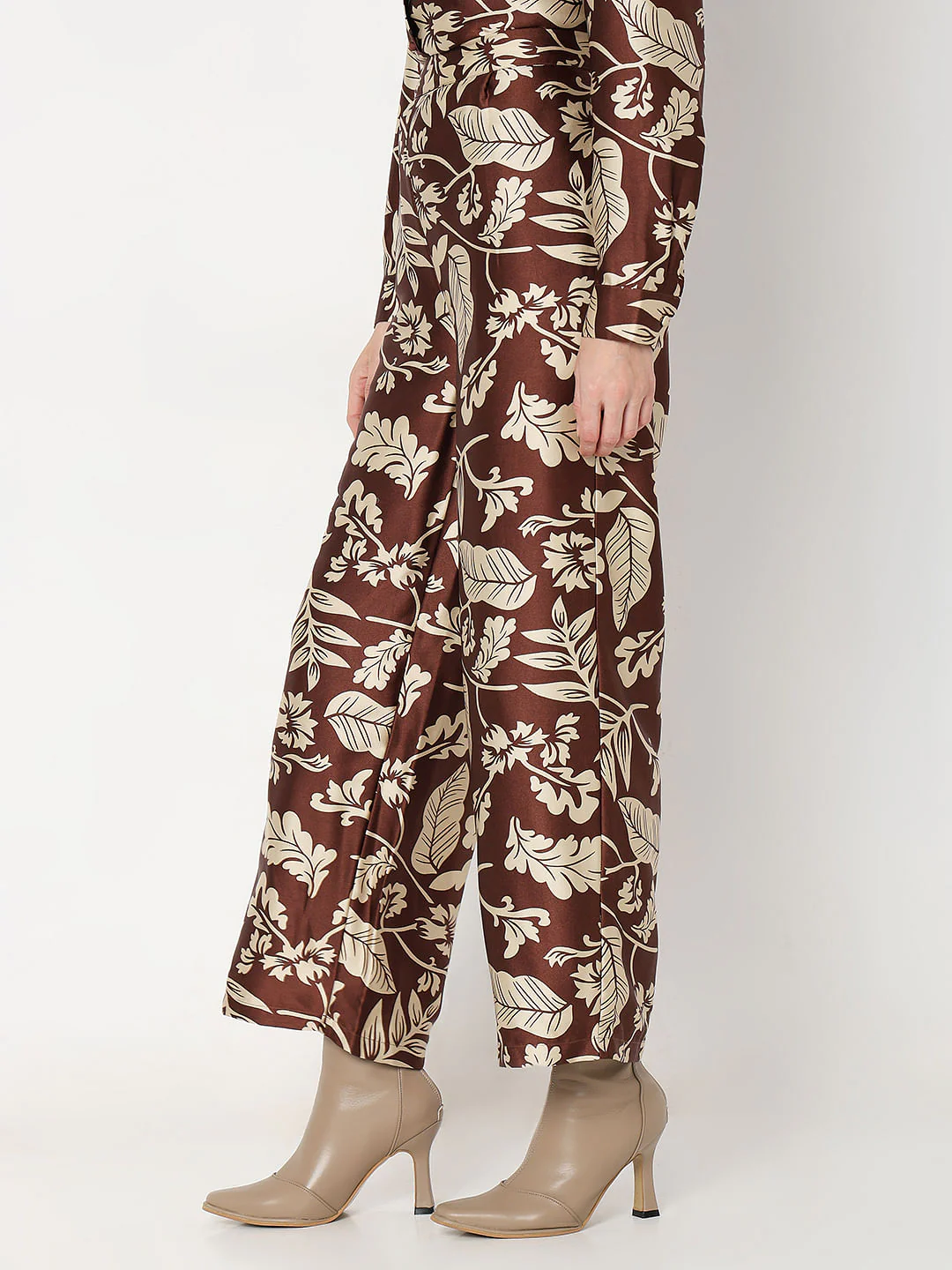 Brown Printed Satin Co-Ord Set Pants - Image 3