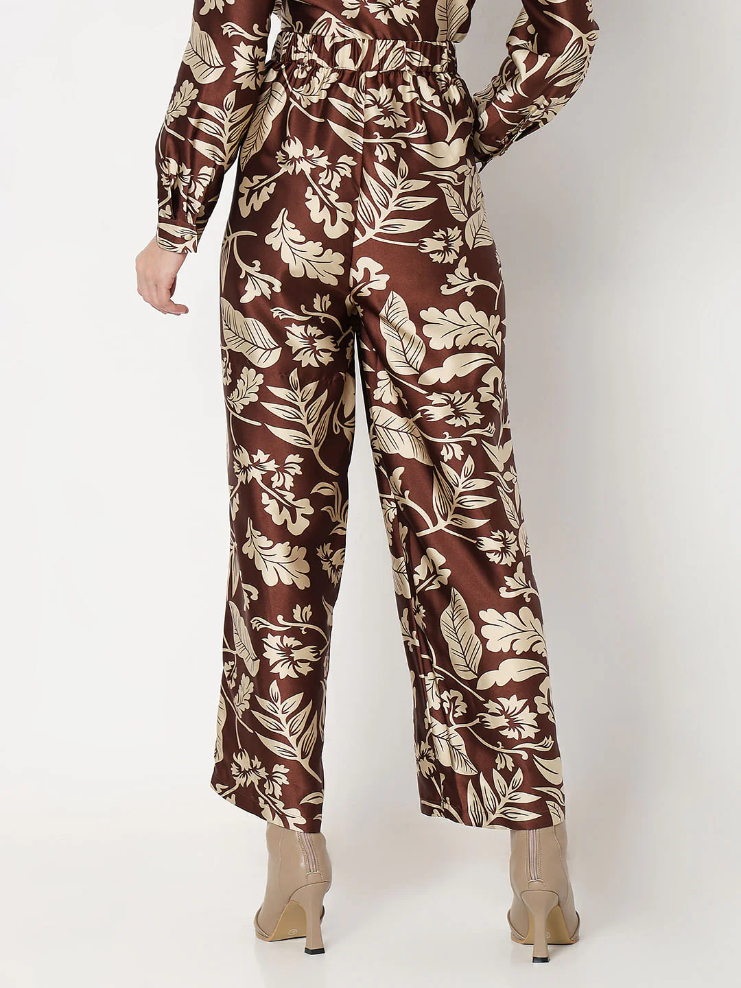 Brown Printed Satin Co-Ord Set Pants - Image 4